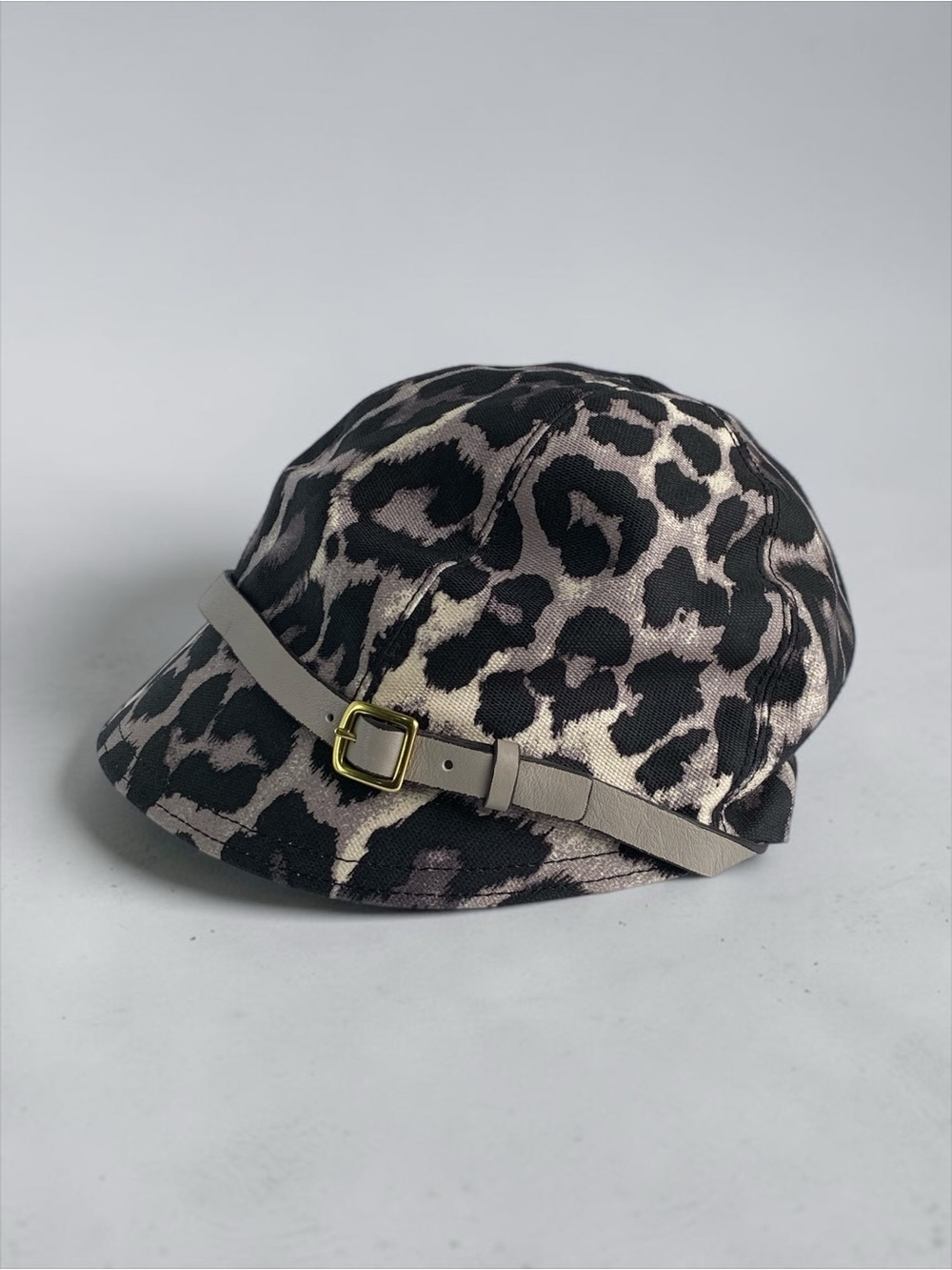 Coach Ocelot Leopard Print Baker Boy Cap with Gray Strap and Buckle Small / XS